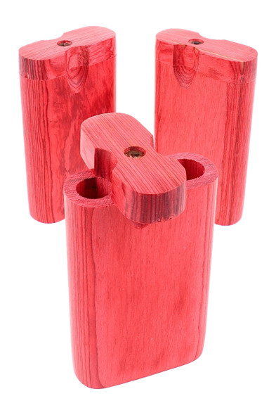 Small red wooden dugout for wholesale head-shop buyers, smooth finish with swivel lid, compact pocket size shown at angled front view. Small red wooden dugout for wholesale head-shop buyers, smooth finish with swivel lid, compact pocket size shown at angled front view.