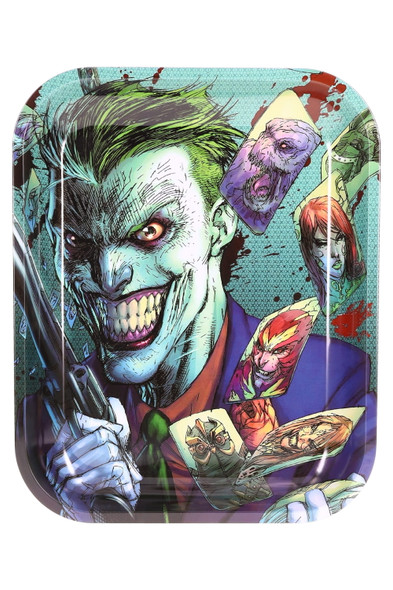 Large 13.5 x 11 metal rolling tray with multicolor graphic art motif, rounded corners, top view for head-shop retail