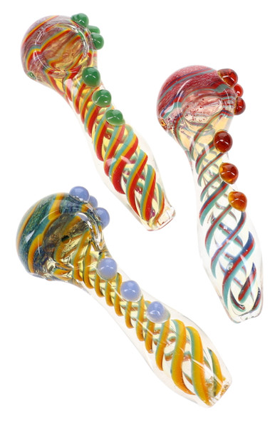 Assorted 4.5" color-changing frit glass spoon pipes with multicolor spiral stripe accents, raised marble grips, rounded bowls, and assorted decorative color combinations.