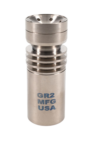 GR2 titanium 7-hole spinner nail, 18.8 mm female joint, wholesale head-shop accessory, straight front view on white showing heat-sink fins and etched text.