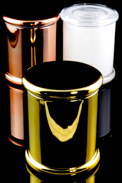Bulk 4.75-inch metallic glass stash jars in gold, copper and frosted white on black backdrop, side angle shows mirrored sheen