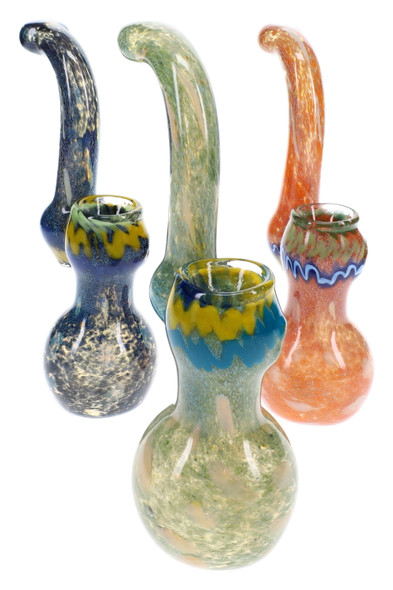 Assorted 6.5" silver fumed frit Sherlock glass bubblers with curved necks, bubble accents, and mixed color finishes