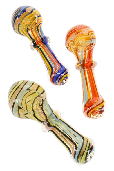 Assorted 4" color-changing glass spoon pipes with multicolor striped ribbon designs, decorative glass ring accents, and assorted color combinations on a white background.