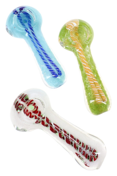 3" striped frit glass spoon pipes in assorted colors, top view set for wholesale smoke shop restock