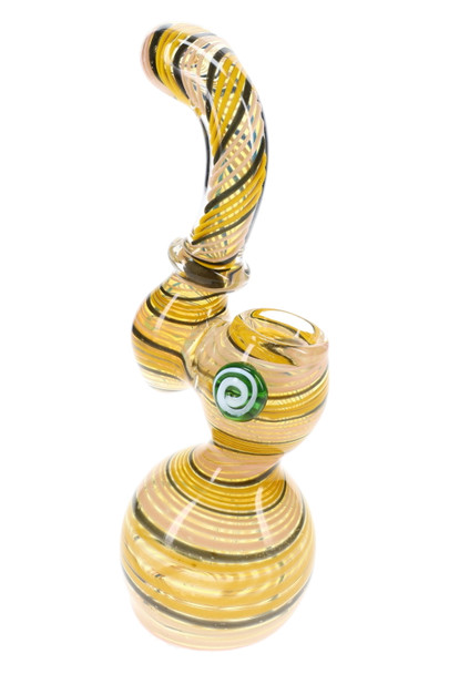 Yellow striped Sherlock glass bubbler with curved neck, round base, and green swirl side accent