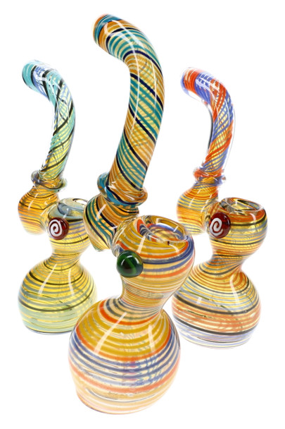 Assorted color-changing striped Sherlock glass bubblers with curved necks and rounded bases for glass displays