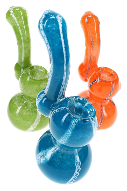 Assorted 5" frit striped Sherlock glass bubblers displayed in multiple colorful finishes for retail glass cases
