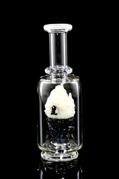 Clear borosilicate Peak attachment with iceberg scene and orca, plus matching penguin carb cap; UV-reactive art glass for smoke-shop wholesale.