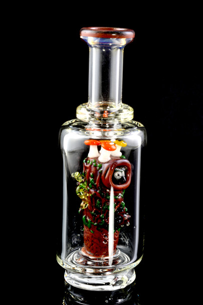Renew the Redwood Peak attachment on black, clear chamber with tree trunk, mushrooms, and vines; retail smoke gear photo, front view.