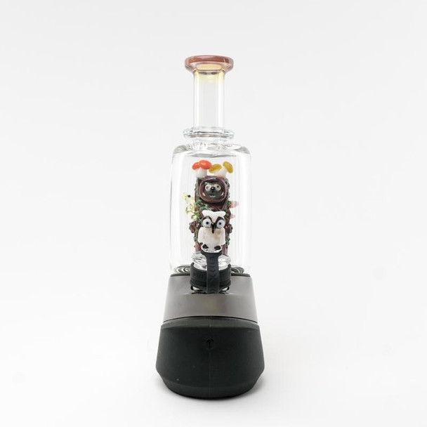 Front view on white of Peak device with Redwood attachment and owl cap; showcase-ready glass upgrade for wholesale catalogs.