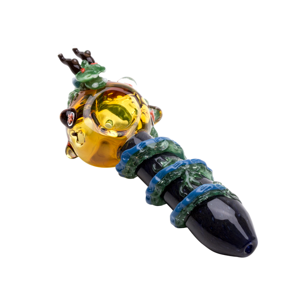 Empire Glassworks Dragon Sphere pipe side view with blue-green raised wrap details