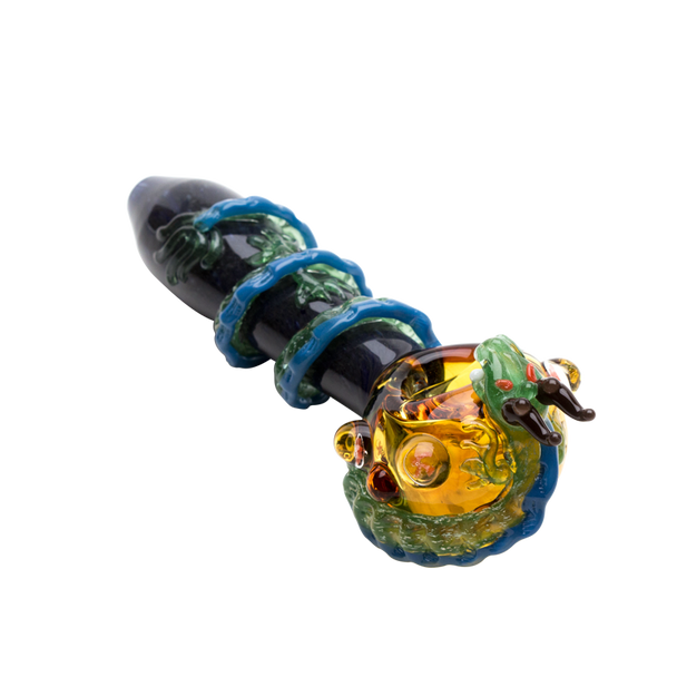 Dragon Sphere spoon pipe top angle showing yellow glass bowl, green dragon, and black stem