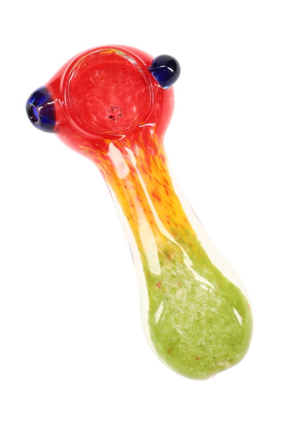 Single 3.5" rasta frit glass spoon pipe with blue marble and red-to-green fade, smoke shop inventory close-up