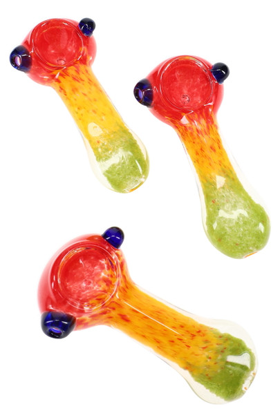 Three 3.5" rasta frit glass spoon pipes with blue marble accents, group shot for wholesale glass pipe restocks