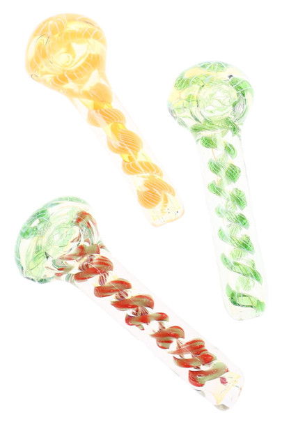 Assorted striped color-changing glass spoon pipes with multicolor spiral designs and marble accents.