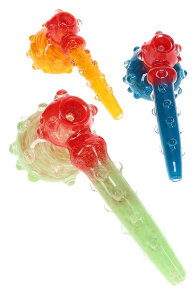Three colorful 8.5" glass hammer bubblers with frit patterns and raised clear marble accents
