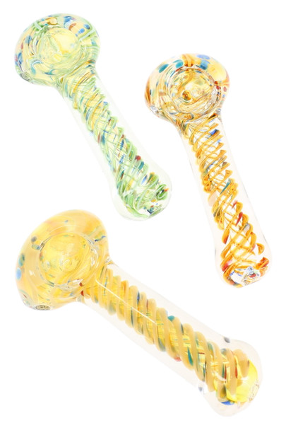 Three 3.5" color-changing frit spiral striped glass spoon pipes, assorted tones for B2B resale inventory