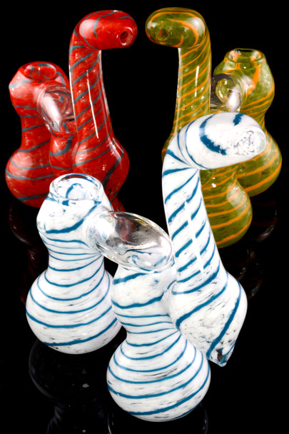 Large Frit Spiral Striped Double Chamber Sherlock Glass Bubbler - B1128