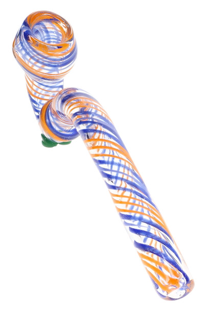 Orange and blue swirl striped ribbon Sherlock glass pipe shown individually with a curved neck, rounded bowl, and decorative green glass feet