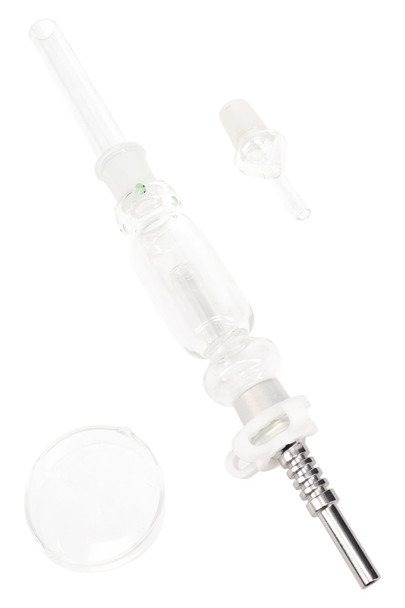 Wholesale 12″ 18.8 mm glass dab straw kit with titanium tip, glass tray and metal keck clip, overhead layout on white for retail listing clarity.