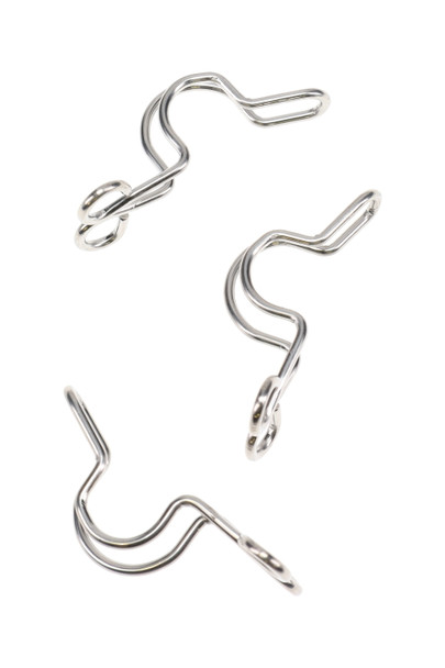 10 mm metal keck s-clips in silver finish, three-piece angled view on white for wholesale head-shop accessories. 10 mm metal keck s-clips in silver finish, three-piece angled view on white for wholesale head-shop accessories.