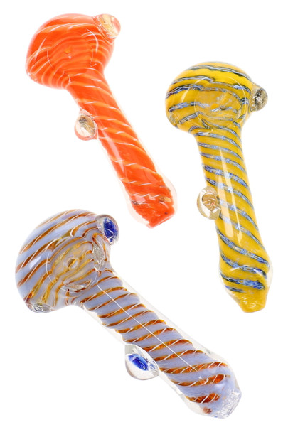 Assorted 4" colorful spiral striped glass spoon pipes with twisted stripe patterns, rounded bowls, decorative glass marbles, and assorted opaque color combinations.
