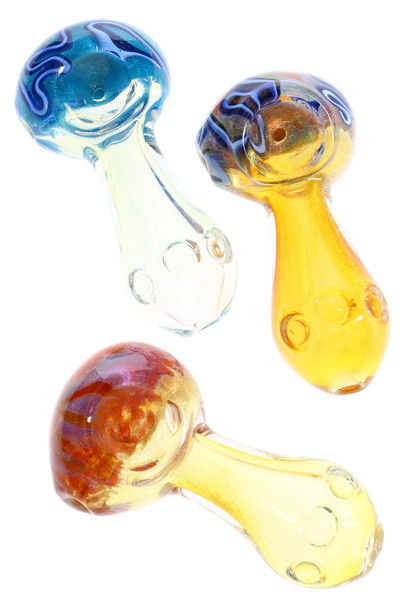 Wholesale 3-inch silver-fumed glass spoon pipes in blue and amber frit, overhead angle showing color-changing bowl detail. Wholesale 3-inch silver-fumed glass spoon pipes in blue and amber frit, overhead angle showing color-changing bowl detail.