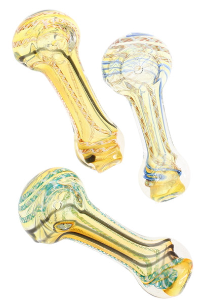 Wholesale 3-inch color-changing glass spoon pipe featuring multicolor spiral stripes, trio overhead view on white background.