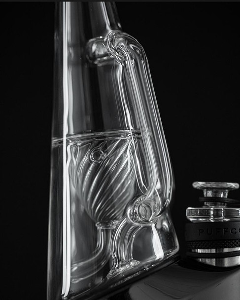 Side detail showing external uptake tubes and waterline on clear Peak recycler—wholesale glass add-on for dab counters.
