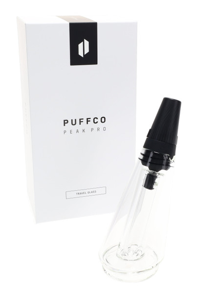 Travel Glass with white Puffco retail box, three-quarter angle; clear borosilicate top and black cap for wholesale display shelves.
