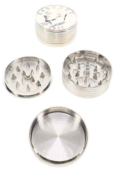 2" coin-style metal grinder shown closed with round compact shape for retail accessory displays