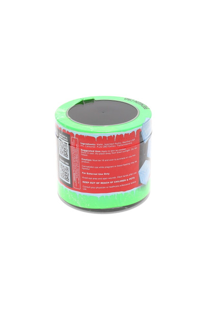 Ingredients and warnings panel on Hemp Bombs 4 oz High Potency CBD Pain Freeze jar; red label, wholesale compliance, rear three-quarter angle. Ingredients and warnings panel on Hemp Bombs 4 oz High Potency CBD Pain Freeze jar; red label, wholesale compliance, rear three-quarter angle.