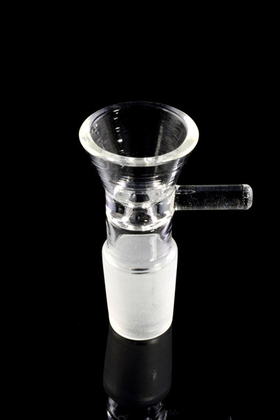 Clear 18.8 mm male glass bowl with ground joint and side grip; wholesale water-pipe component, front view on black.