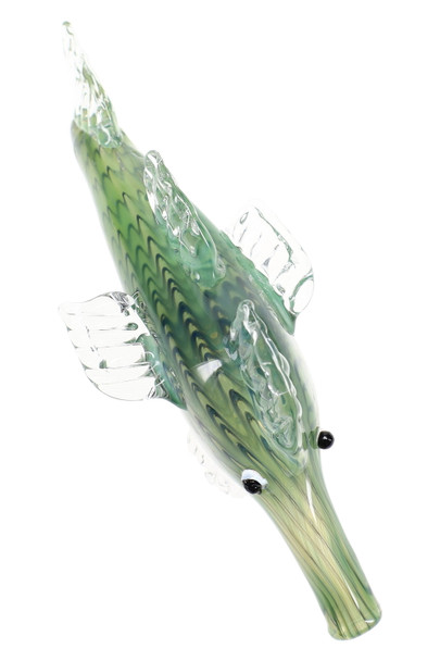 Wholesale 7" silver-fumed shark glass pipe, green variant with pronounced fins and tail, color-changing effect, straight front angle on white.