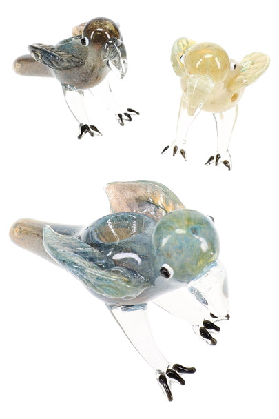 Wholesale silver-fumed color-changing bird glass pipe, 5.5" length, assorted blue and tan tones with clear legs and claws, trio layout on white.