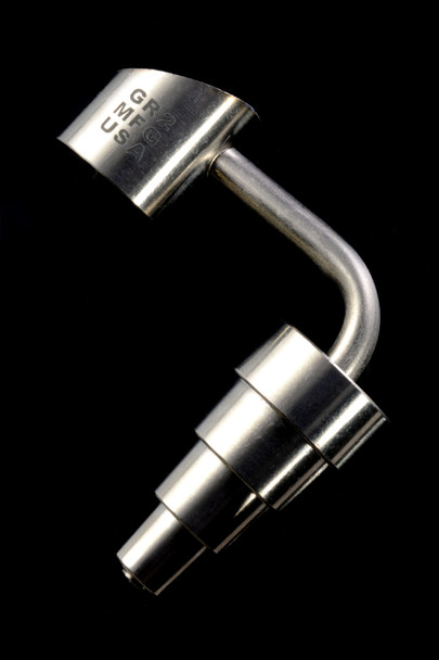 Close detail of GR2 USA engraving on domeless titanium banger, wholesale head-shop component, cropped side view on black.
