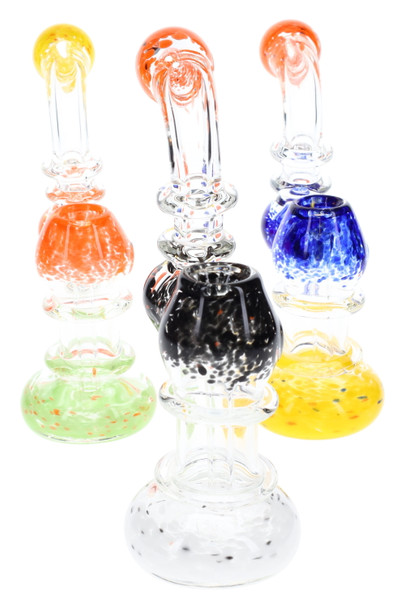 Clear glass 7.5" sherlock bubbler with multicolor frit and ring accents, rasta-leaning hues, front angle for smoke shop wholesale display Clear glass 7.5" sherlock bubbler with multicolor frit and ring accents, rasta-leaning hues, front angle for smoke shop wholesale display