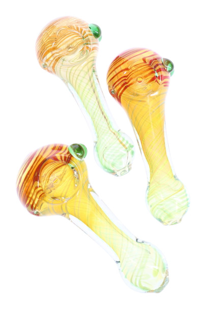 Wholesale 4" color-changing spiral striped glass spoon pipes with green marble accents, assorted yellow/orange tones, overhead trio view for retail cases. Wholesale 4" color-changing spiral striped glass spoon pipes with green marble accents, assorted yellow/orange tones, overhead trio view for retail cases.