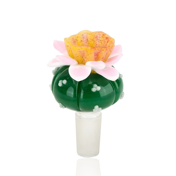 Side angle of US-made Peyote Flower character bowl showing polished ground joint and deep herb cavity—retail smoke-shop replacement piece.