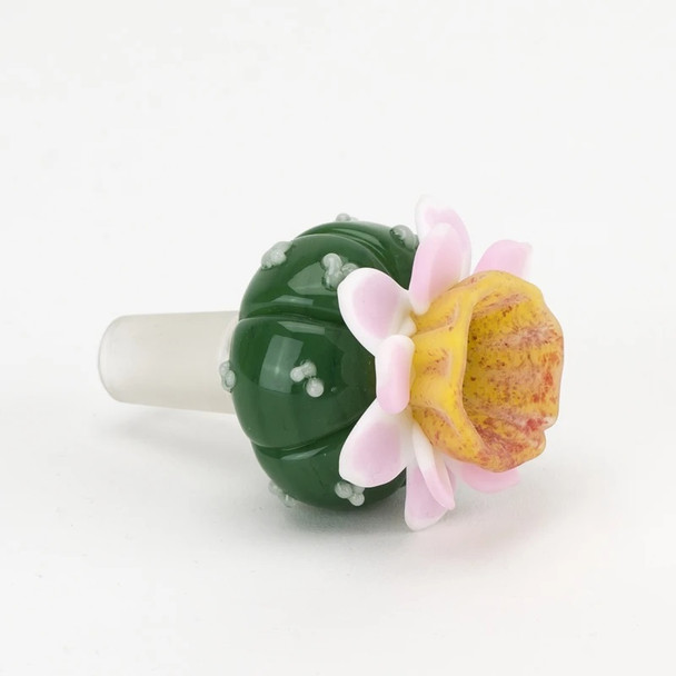 Bottom view emphasizing frosted 14.5 mm male joint and glossy finish—US-made Empire Glassworks novelty bowl for retail smoke-gear cases.