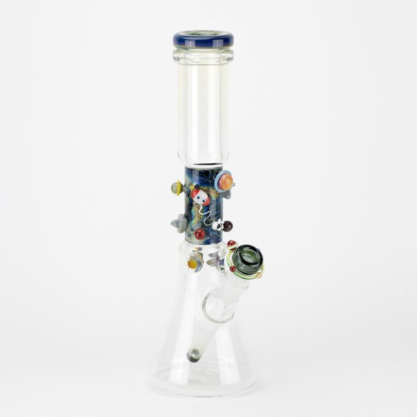 Full front view on white of 14" Flagship Galactic beaker with color-changing ice pinch and sculpted space accents; clear base, wholesale image. Full front view on white of 14" Flagship Galactic beaker with color-changing ice pinch and sculpted space accents; clear base, wholesale image.