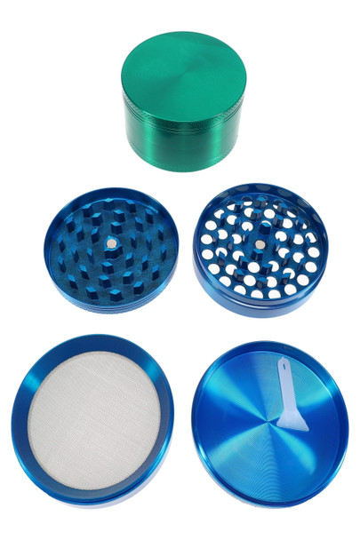 Disassembled 2.5" 4-part metal grinder set with screen and scraper, wholesale grinder parts layout on white