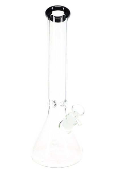 Clear 14" beaker water pipe with dark rim mouthpiece and 18.8 mm joint, front view for smoke shop inventory