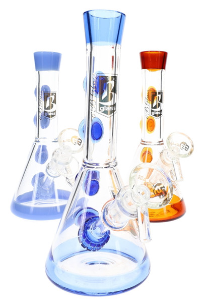 Assorted 7.5" wholesale water pipes in blue and amber with double showerhead percs and clear 14.5 mm bowls.