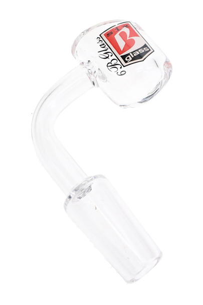 Clear 14.5 mm male quartz banger with curved neck and B Glass logo, a 4 mm thick wholesale smoke shop accessory
