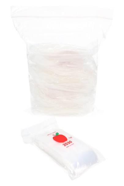 Wholesale bundle of 1,000 clear 2 × 3 inch apple baggies, red fruit logo visible, stack in transparent sleeve, white backdrop front angle