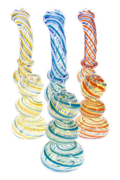 Three 7.5" sherlock bubblers with spiral striping and frit, blue, yellow, and orange variants, front angle for smoke shop wholesale display Three 7.5" sherlock bubblers with spiral striping and frit, blue, yellow, and orange variants, front angle for smoke shop wholesale display