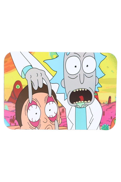 Small metal rolling tray with magnetic lid, cartoon eye-pull gag artwork, overhead—smoke-shop wholesale tray