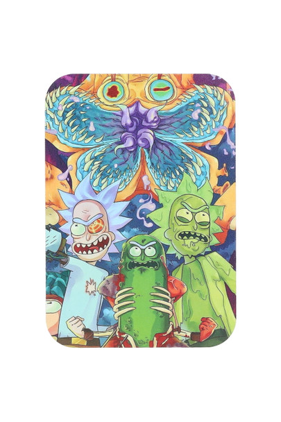 Compact metal rolling tray, cartoon pickle parody graphic, vertical top-down—head-shop wholesale listing