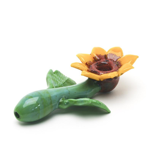 Side view of 5.5" sunflower sherlock hand pipe with rounded green stem-style body
